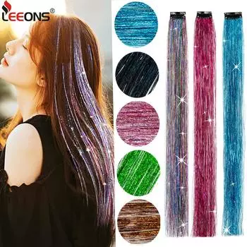 1 шт., цветные блики для вечеринки, клипсы для наращивания волос, разноцветные пряди волос, синтетические шиньоны, 15 цветов, блестящие волосы