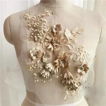 1 шт. Цветы бисер кружево нашивка аппликация вышивка шитье ремонт для платья одежда костюм 37*24 см темно-синий