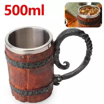 1 шт. Деревянная пивная кружка, имитация деревянной бочки, пивная кружка с двойными стенками, металлическая изолированная кружка объемом 500 мл для игры в бар 500ml коричневый