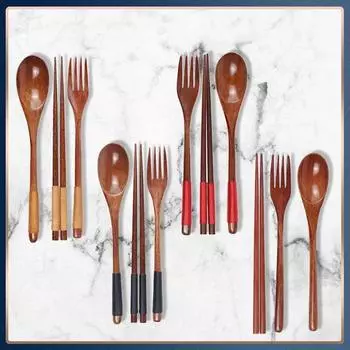 1 шт. Деревянные палочки для еды, вилка, ложка, набор из трех предметов, шпагат, японская посуда, кухонный дом, палочки для еды, вилка, ложка, столовые приборы, набор