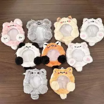 1 шт. держатель для значка Kpop Furry Cartoon, плюшевый, милый, в виде животного, щенка, кролика, круглая сумка для значка, портативный брелок, органайзер для значков в стиле аниме