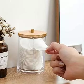 1 шт., диспенсер для круглых подушечек из хлопка с бамбуковой крышкой, маленькие прозрачные акриловые контейнеры для ватных тампонов/шариков, прозрачные банки для туалетного столика в ванной комнате Cylindrical Bamboo Cover