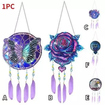 1 шт. DIY Алмазная картина 5D DIY Точечная дрель Алмазная картина Колокольчик ветра, Двусторонняя картина Украшения с подвеской из перьев для украшения сада