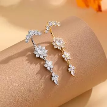 1 шт. Длинные свисающие цветочные кристаллы кольца для пупка сексуальный изогнутый пирсинг пупка для женщин и девочек 5 цирконов украшения для живота Style 1 серебряный