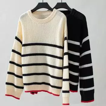 1 шт. Длинный рукав свободный осенне-зимний повседневный полосатый свитер полиэстер джемперы вязаные топы пуловер L чёрный