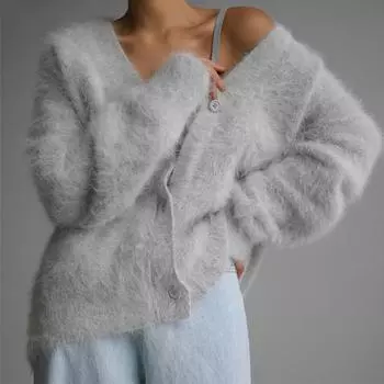 1 шт. Длинный рукав V-образный вырез свободный однобортный женский осенний имитация норки кардиган вязаный топы XL хаки