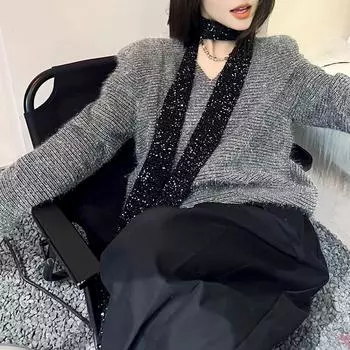 1 шт. Длинный тонкий праздничный сувенир, яркий чокер, винтажный стиль, блестящий шарф, уличный шейный платок, реквизит для фотосъемки, устойчивый к скатыванию чёрный