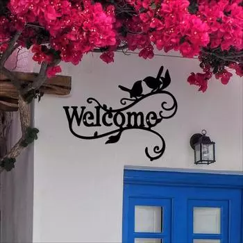 1 шт. Добро пожаловать, металлическая настенная живопись, птицы на ветке, декор, настенный силуэт, скульптура, орнамент, железный знак для украшения офиса чёрный