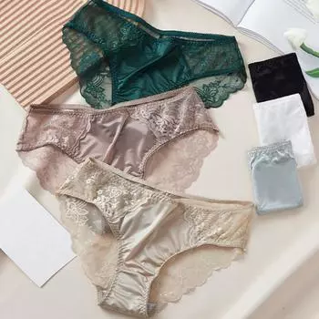 1 шт. дышащие молочные шелковые трусы, нижнее белье, кружевные удобные женские трусики больших размеров M чёрный
