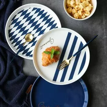 1 шт. Европейская салатная тарелка, синяя керамическая обеденная посуда, столовая посуда с золотой каймой, тарелка для пасты и риса, 8 дюймов