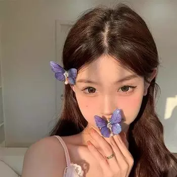 1 шт. Фиолетовая синяя заколка для волос в виде бабочки, разноцветная челка со стразами, боковые шпильки для женщин и девочек, челка, заколки для хвоста