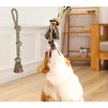 1 шт., хлопковая веревка, игрушки для собак, средняя собака, двойная нить, ручная тяга, тройной узел, защита от прикуса, интерактивный узел для прорезывания зубов, сверхмощная игрушка для собак: перетягивание каната Red&Yellow-1pcs(55cm)
