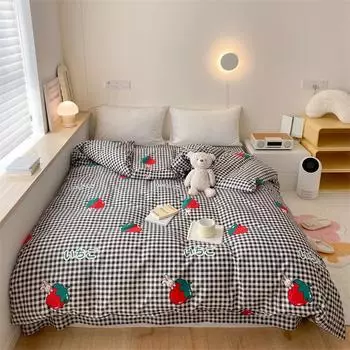 1 шт. хлопковый пододеяльник с клубникой, милый фруктовый узор, постельное белье для детей, девочек и мальчиков, черно-белый клетчатый пододеяльник с застежкой-молнией 160x210cm Single 1Pc