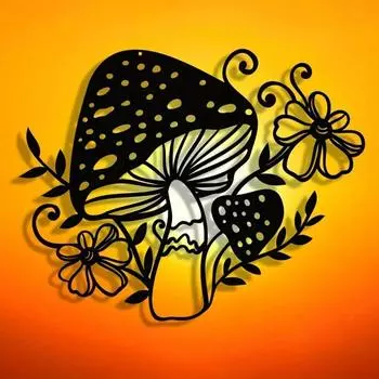 1 шт. художественных металлических настенных рисунков «Грибы с маленькими цветами» из черного железа — современный декор для спальни, гостиной или ванной комнаты. TY7379 разноцветный