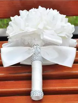 1 шт., искусственная роза, свадебные цветы в руках, свадебный букет, белый букет для невесты, свадебные букеты для подружек невесты с мягкими ромбовидными лентами белый