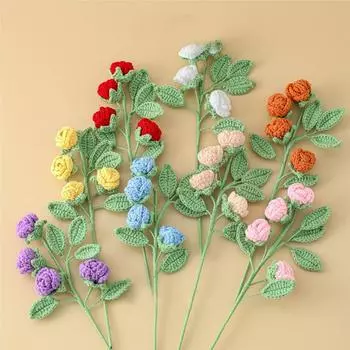 1 шт., искусственные цветы из молочного хлопка ручной работы, домашний декор, букет роз с несколькими головками, вязаный крючком, вязание