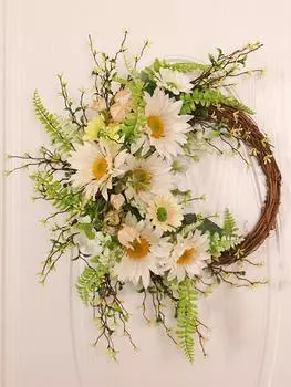 1 шт. искусственный венок подсолнухи листья папоротника сушеные лозы праздничный венок искусственные цветы летний декоративный венок передняя дверь стена украшение дома белый