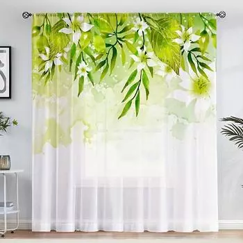 1 шт. Элегантная прозрачная занавеска с принтом зеленых листьев для спальни, офиса, гостиной, оконная отделка с карманом для домашнего декора 140W160H(CM)55x63in&Grommet Top