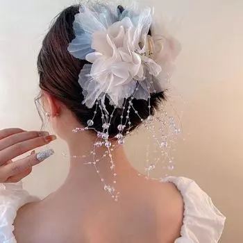 1 шт. Элегантная сетчатая заколка для волос с цветком для женщин, элегантная заколка в виде акулы с жемчужной кисточкой, заколка для волос для девочек, аксессуары для волос