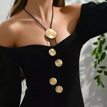 1 шт. Элегантное V-образное нерегулярное круглое длинное ожерелье с кисточками и регулируемой длиной удлинительной цепи, модное женское ожерелье в минималистском стиле one-size золотистый/чёрный
