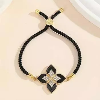1 шт. Элегантный браслет с четырьмя лепестками Lucky Flower Rhombus - роскошный винтажный стиль, цинковый сплав с акриловыми акцентами чёрный