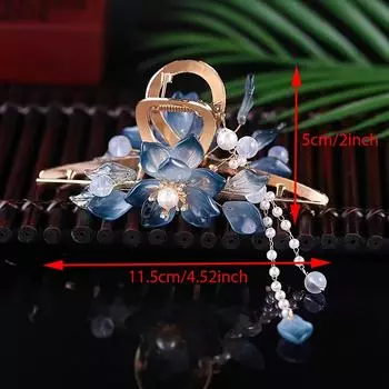 1 шт. Элегантный стиль заколка-краб для волос, ретро-заколка в виде акулы с синими цветами и кисточками, женский аксессуар для волос, цветочный дизайн с искусственными жемчужными акцентами синий