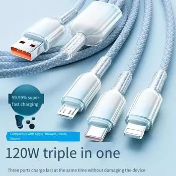 1 шт. Кабель для передачи данных, быстрая зарядка «три в одном», оплетенный кабель для зарядки «один к трем» 6 А, подходит для автомобильного телефона Apple Android Type-c