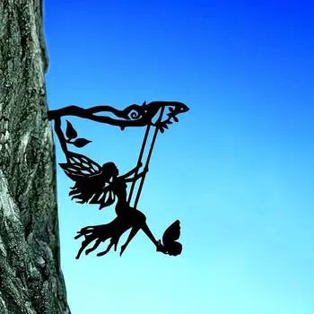 1 шт. Качели Эльф на ветке Стальной силуэт Металлическая стена Искусство Домашний сад Двор Патио Уличная статуя Колышек Украшение Идеально бежевый