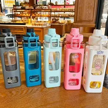 1 шт., кавайная бутылка для воды с соломинкой и милые 3D наклейки «сделай сам», пластиковая квадратная чашка для воды без BPA, портативная посуда для напитков для кемпинга 12 700ML