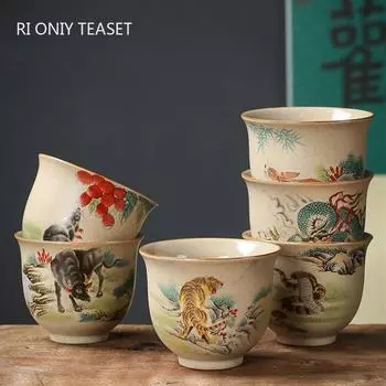 1 шт. керамическая чашка для чая с китайским зодиаком, ручная работа, винтажная керамическая чаша для чая, чайная утварь, мастер-чашка для личной медитации, 110 мл 7.2x6cm 110ml