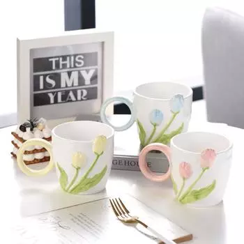 1 шт. Керамическая кружка в виде цветка тюльпана с 3D-дизайном, креативный рельеф, чашка для кофе в виде сердца для девушки, подарок на день рождения, день матери, чашка для послеобеденного чая 401-500ml розовый