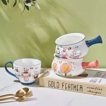 1 шт. Керамическая миска для овсянки с ручкой, мультяшный рисунок в виде граффити, миска для завтрака, кружка для молока для детей, безопасная для использования в духовке посуда