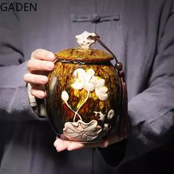 1 шт. Керамические чайные банки, ретро-рельефные поделки, герметичные банки, бытовые банки для конфет, коробки для хранения в гостиной, украшение для чайного стола жёлтый