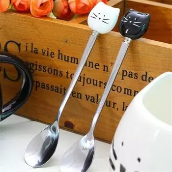 1 шт., керамические ложки для кошек, нержавеющая сталь, мультяшная ложка для мороженого, сахара, чая, десерта чёрный