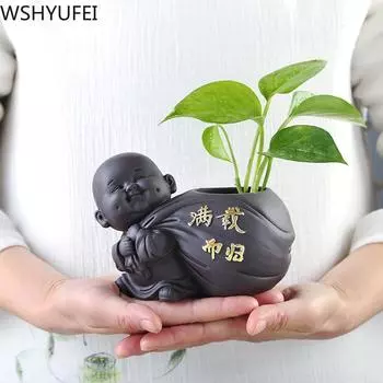 1 шт., керамический чайный питомец, маленькая статуя Будды, фигурка монаха, украшения, настольный цветочный горшок, фиолетовые керамические украшения, чайные аксессуары 14x8.3x10.8cm