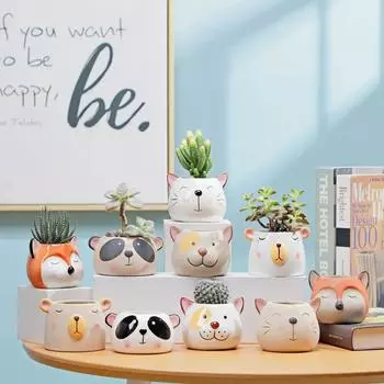 1 шт., керамический цветочный горшок в скандинавском стиле с изображением животных, мультяшный медведь, кошка, голова коровы, мини-горшок, суккуленты, растения, горшки для бонсай, украшение для дома