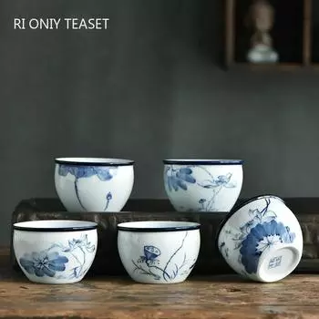 1 шт. Китайская керамическая чашка для чая, большая емкость, изысканная расписанная вручную чаша для чая «Лотос», чашка для медитации, фарфоровый чайный сервиз, 110 мл 7.7x5.1cm 110ml