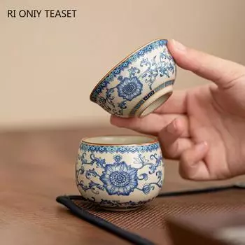 1 шт. китайская винтажная керамическая чашка для чая, выпеченная в печи Ru, сине-белая чайная чаша ручной работы, бытовая утварь для чаепития, дорожная персональная чашка для чая Teacup