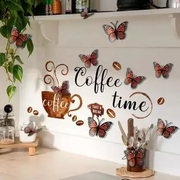 1 шт. Кофейное время с 12 3D-бабочками, настенные наклейки, съемные, водонепроницаемые, из ПВХ, для чайной комнаты, ресторана, кухни
