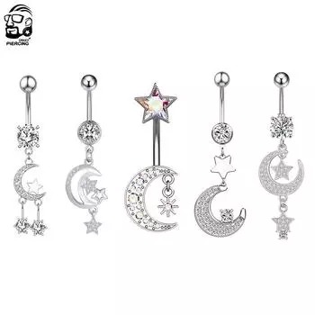 1 шт., кольца для пупка с луной, сталь 316L, циркон, кулон, кольцо для пирсинга пупка для женщин, ювелирные изделия для пирсинга живота, серебряный цвет