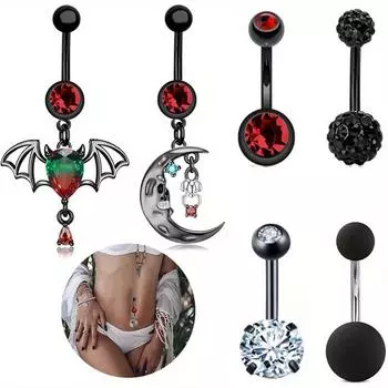 1 шт., кольцо для пупка, черное кольцо для пупка, гвоздь в стиле панк, пупок, лунная летучая мышь, циркон, ювелирные изделия для пирсинга