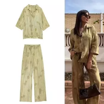 1 шт./компл. Элегантные жаккардовые женские комплекты, свободные однобортные рубашки с V-образным вырезом, длинные широкие брюки, модный женский костюм, женский наряд больших размеров XS
