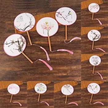 1 шт., костюм Хана, круглый веер, антикварный веер, сложный классический круглый веер в китайском стиле с длинной ручкой 5