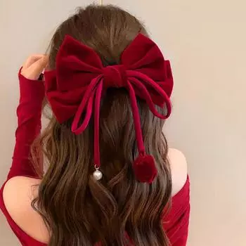 1 шт. Красные жемчужные кисточки-ленты-банты для волос для женщин, заколки с длинным хвостом, цветочные аксессуары для волос для девочек