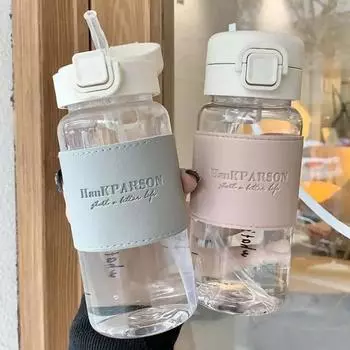 1 шт., креативная бутылка для воды с соломинкой, портативная милая пластиковая бутылка для питья, герметичная посуда для питья, молоко, кофе, чай 500ml серый