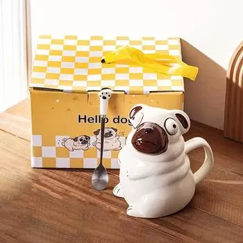 1 шт. Креативная керамическая кружка-мопс для дома, офиса, многоразовый стакан для воды, забавный дизайн, можно мыть в посудомоечной машине, многоцелевое использование Gift BoxPug Cup + Spoon