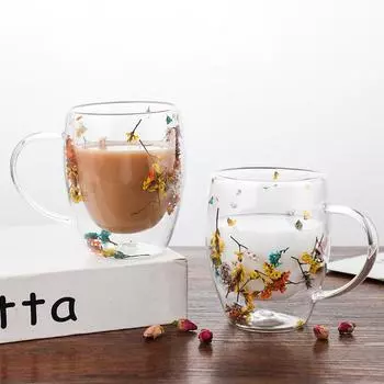 1 шт., креативные стеклянные термостойкие кофейные кружки, чашка с двойными стенками, сушеный цветок 350ml