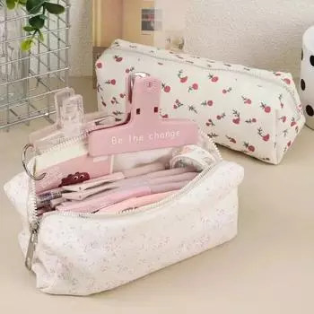 1 шт. кремовый пенал с цветочным рисунком для студента, эстетичный ретро-пенал с цветочным рисунком, большая вместительная сумка для хранения канцелярских принадлежностей