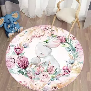 1 шт., круглый ковер с пасхальным кроликом, красочный ковер с цветочным принтом, нескользящий коврик с мультяшным элементом для гостиной, спальни, домашний декор, домашний декор 60X60cm