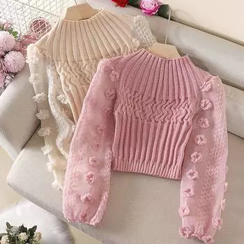 1 шт. круглый вырез трикотажный тонкий теплый женский плотный свитер с рукавами-фонариками сетчатая строчка топы пуловер белый